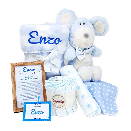 Canastilla Recién Nacido Personalizada - My Mouse de Mababy - Manta de Estrellas Personalizada, Peluche Mouse Extra Suave, Babero Estrellas y Muselina de Lactancia - Cesta Bebé Personalizada. (Azul)