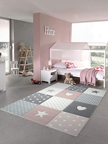 CARPETIA Alfombra de Juego para niños Alfombra bebé Alfombra niña con corazón Estrella Rosa Crema Gris Größe 80x150 cm