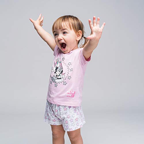 Cerdá Pijama de Minnie Mouse-Camiseta + Pantalon de Algodón Juego, Rosa, 12 Meses Unisex bebé