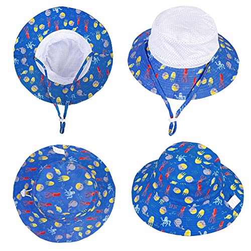 Chalier Sombrero de Playa para Bebé Sombrero para el Sol Sombrero de Pescador para Bebé Ajustable para Niños Gorro de Bebé UPF 50 (Talla única/Azul + Medusa)