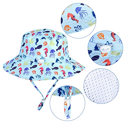 Chalier Sombrero de Playa para Bebé Sombrero para el Sol Sombrero de Pescador para Bebé Ajustable para Niños Gorro de Bebé UPF 50 (Talla única/Caballito de mar Azul)