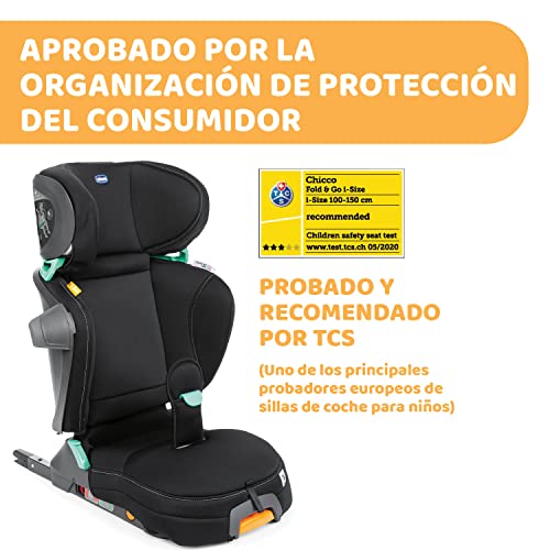 Chicco Fold & Go I-Size Silla de Coche con Conectores Isofix para Niños de 100 a 150 cm, Reclinable, Grupo 2/3 para Niños de 3-12 Años, Plegable y Portátil, con Protección Lateral, Negra (Black)