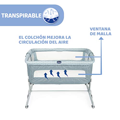 Chicco Next2Me Dream Cuna de Colecho para Bebé con Colchón, Función de Mecedora, Lateral Abatible, Altura Ajustable, Panel de Malla, Ruedas y Bolsa de Viaje 0-6 meses, 9 kg, Color Azul (Sage)