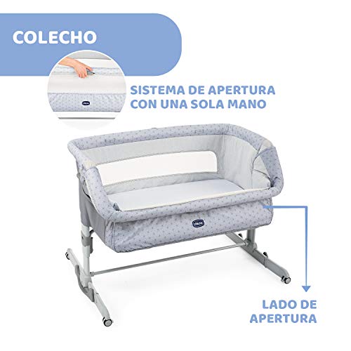 Chicco Next2Me Dream Cuna de Colecho para Bebé con Colchón, Función de Mecedora, Lateral Abatible, Altura Ajustable, Panel de Malla, Ruedas y Bolsa de Viaje 0-6 meses, 9 kg, Color Gris (Silver)