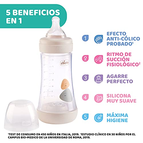 Chicco Perfect 5 Biberones Anticólicos Con Tetina De Silicona De Flujo Medio Para Bebés 2 Meses, Biofuncional Con Sistema Intuiflow, Color Marrón Beige, 240 Ml