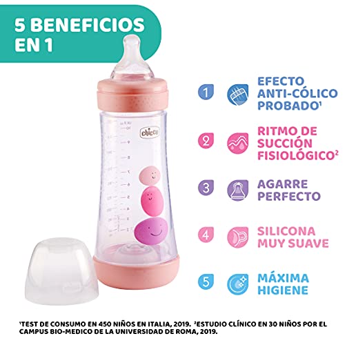 Chicco Perfect 5 Biberones Anticólicos Con Tetina De Silicona De Flujo Rápido Para Bebés 4 Meses, Biofuncional Con Sistema Intuiflow, Color Rosa, 300 ml