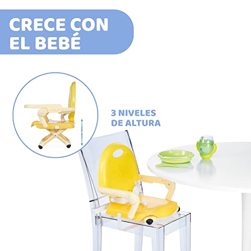 Chicco Pocket Snack Elevador de Silla Niños para Comer, Apto de 6 Meses hasta 3 Años (15 kg), Trona Viaje Portátil y Ajustable para Bebés, Alzador Compacto con Bandeja Desmontable, Amarillo (Saffron)