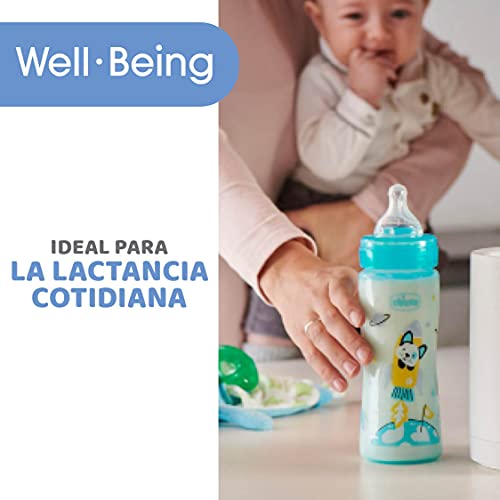 Chicco WELL-BEING Biberón Anticólicos de Flujo Rápido, Biberón 4+ Meses con Tetina Physio de Silicona Suave y Acabado Soft Sense, Biberón de Plástico de 330 ml, Azul