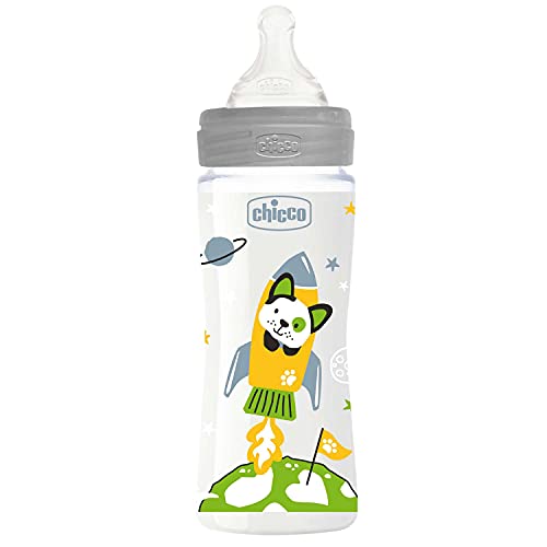 Chicco WELL-BEING Biberón Anticólicos de Flujo Rápido, Biberón 4+ Meses con Tetina Physio de Silicona Suave y Acabado Soft Sense, Biberón de Plástico de 330 ml, Gris