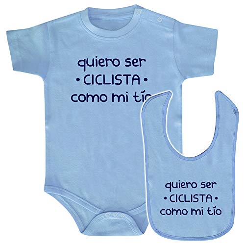 ClickInk Pack body y babero Ciclista como mi tío. Regalo bebé. Regalo divertido y original. Babero friki. Bebe ciclista. Regalo ciclismo. Body y babero de algodón. (Azul, 6 meses)