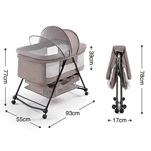 Cloudjoy Cuna de Bebé con Colchón Cuna de Viaje Plegable Cuna Colecho Portátil Cama para Bebés y Niños con Mosquitero,Malla Lateral Transpirable,4 Ruedas (Caqui)