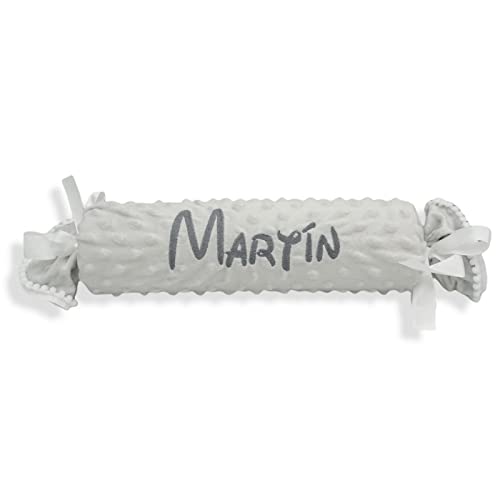 Cojin Antivuelco Personalizado para bebé Recien Nacido, Personalizado con su Nombre Bordado. (Gris)