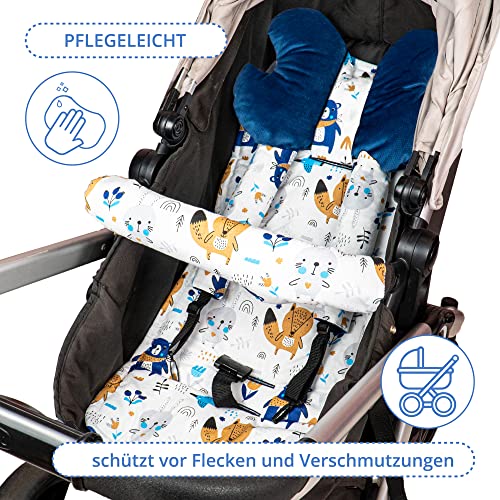 Cojín de asiento Cojín para cochecito 75 x 35 cm - Cojín para buggy infantil Conjunto transpirable con protección de cinturón Terciopelo azul