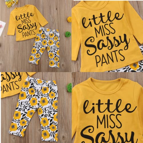 Conjunto de niña pequeña de algodón con Estampado de Letras Camisetas de Manga Larga + Pantalones Florales 2 Piezas (Amarillo, 6-9 Meses)