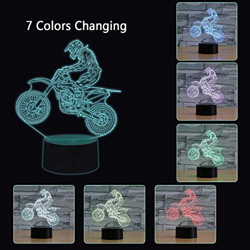 Coolzon Lámpara 3D Ilusión Luz Nocturna LED para Bebe Infantil Niños, Luz de Noche Lampara 3d de Noche 7 Colores Cambio Deco Lámpara de Escritorio Táctil con Cable USB, Motocross