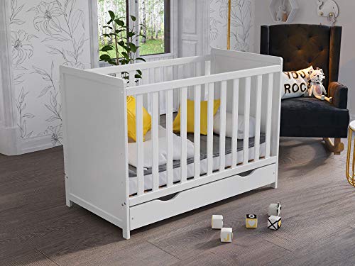 Cuna de madera (blanco) para niños con cajón 120 x 60 cm + barrera de seguridad de madera