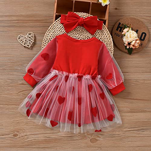 Dazzerake Vestidos tutú de princesa cumpleaños para bebé de niña para día de la madre Conjunto de niña Túnica con estampado de corazón tul, rojo, 18-24 Meses