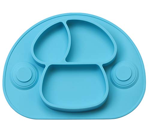 DEBAIJIA Bebé Niños Plato de Silicona Fuerte Succión Ventosa Divididas Placemat Grado Alimenticio Infantil Antideslizante FDA y Sin BPA, Microonda, Lavavajillas, Congelador Seguro - Azul claro