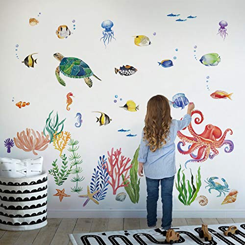 decalmile Pegatinas de Pared Acuarela Bajo el Mar Vinilos Decorativos Tortuga Tropical Peces Adhesivos Pared Habitación Infantiles Habitación Infantiles Bebés Guardería Baño