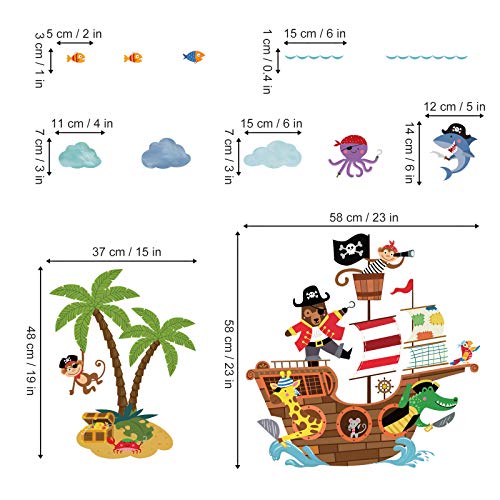 decalmile Pegatinas de Pared Barco Pirata Vinilos Decorativos Infantiles Animales Mono Adhesivos Pared Habitación Bebés Niños Guardería Baños Salón