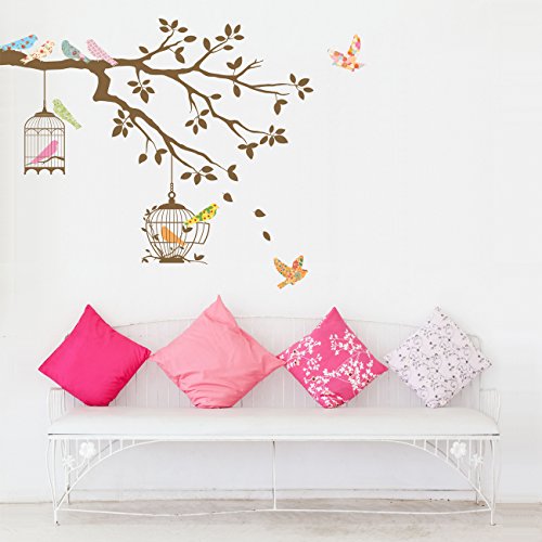 DECOWALL DW-1510BR Pájaros en la Rama de un Árbol con Jaulas para Pájaros (Marrón) Vinilo Pegatinas Decorativas Adhesiva Pared Dormitorio Saln Guardera Habitaci Infantiles Nios Bebs