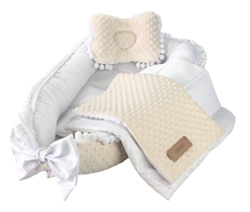 Diseño de nido de bebe de bebé, diseño elegante y exclusivo, con pompones decorativas, 5 elementos: coco, almohada, manta, colchón y nudos, color crudo