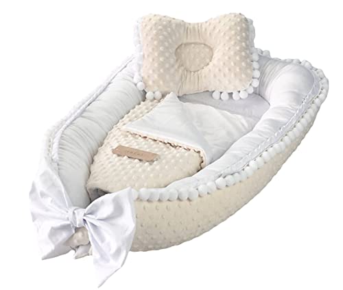 Diseño de nido de bebe de bebé, diseño elegante y exclusivo, con pompones decorativas, 5 elementos: coco, almohada, manta, colchón y nudos, color crudo