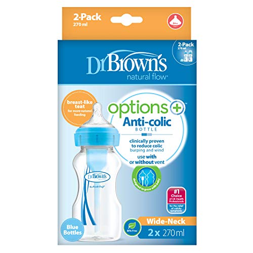 Dr Brown's Options Plus 2019! - Biberón Anticólico de Boca Ancha 270ml, Paquete de 2, Libre de BPA (Color: Azul)