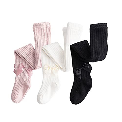 Dsaren 3 Pares Medias Bebé Termicos Algodón Pantimedias Niña Calcetines Altos con Lazo (blanco, negro, rosa, L (2-3 años))