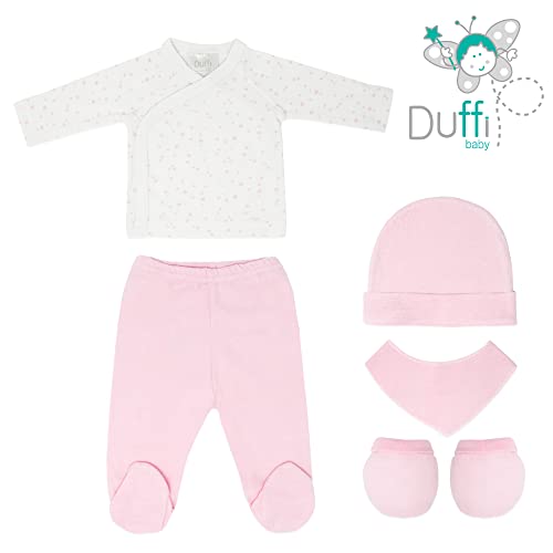 Duffi Baby Set Primera Puesta Bebe Recien Nacido 5 Piezas. Set Regalo Bebe Bonito. Conjunto Primera Puesta Bebe Chaquetita Polaina Gorro Babero Manoplas. 100% Algodon Modelo 0984-06 Color Rosa