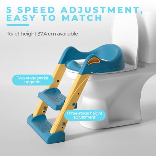 Edibaby, Adaptador wc niños con escalera, Reductor de Aprendizaje para Baño Inodoro, Portátil y Plegable, Ajustable, Total Compatibilidad, Cojín Acolchado, de 1 a 7 años (Azul y Amarillo)