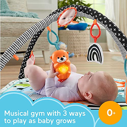 Fisher-Price Gimnasio de Actividades Musicales 3 en 1, estampado animalitos divertidos, manta para bebé recién nacido con accesorios (Mattel HBP41)