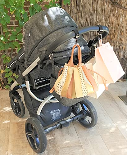 Ganchos Carro Bebé Luxe Titanium by Vizaro - 2 uds - Para Colgar Bolsas, Mochilas, etc - Alta Resistencia Hasta 15kg Peso y Giro 360º - Incluye Correa de Repuesto - Regalo Original Recién Nacido