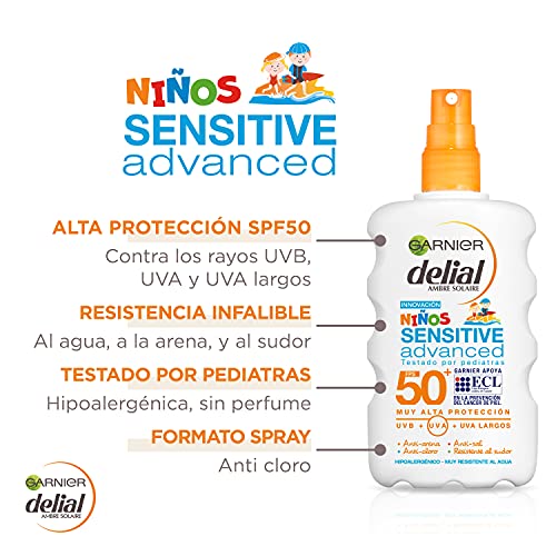 Garnier Delial Niños Sensitive Advanced - Spray Protector Solar para Pieles Claras, Sensibles e Intolerantes al Sol, IP50+ - 200 ml