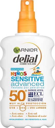 Garnier Delial Niños Sensitive Advanced - Spray Protector Solar para Pieles Claras, Sensibles e Intolerantes al Sol, IP50+ - 200 ml