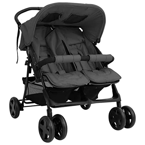 Gecheer Carrito para Gemelos Silla de Paseo Gemelar Carro Gemelar Sillita Doble Cochecito Hermanos para Bebé Niño Plegable de Acero Gris Oscuro