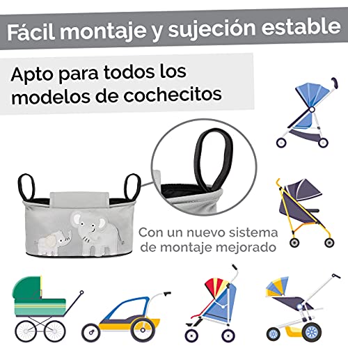 GLÜCKSWOLKE Bolsa Carro Bebe - 6 Motivos I Organizador para Coches de Paseo I Accesorios para Cochecito para Mama I Bolso Carrito Gris I Bolsos Sillas de Paseo I Motivo Elefante