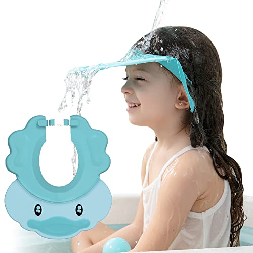 Gorro de ducha para niños, champú para lavado de pelo, protector para ojos, visera ajustable para baño de bebé, gorro protector de agua de silicona para niños pequeños lindo pato azul