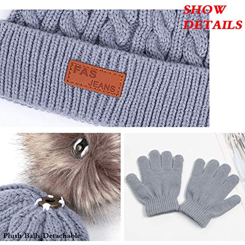 Gorro de Punto Invierno Térmico con Guantes y Bufanda Forro Polar Niños Set Beanie Gorro Sombrero de Punto Invierno Cálido con Pompon para Niños Niñas 3-5 Años (Gris)