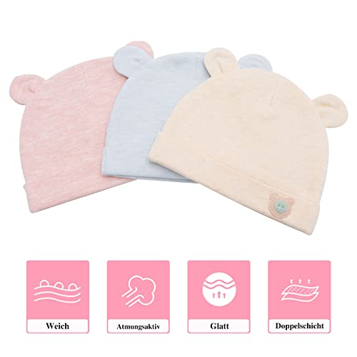 Gorro unisex para bebé Newborn Beanie de algodón para otoño e invierno, para bebés y niñas de 0 a 12 meses, 3 unidades, Orejas redondas, Talla única