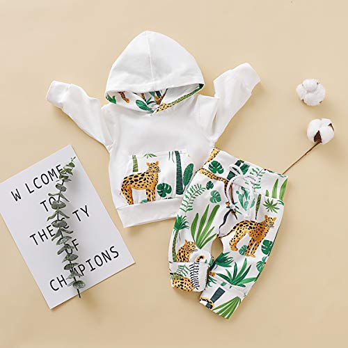 greatmtx 2 unids/set bebé recién nacido niños ropa traje bosque guepardo impresión sudadera con capucha Top y pantalones para 0-18 meses, blanco, 6-12 Meses