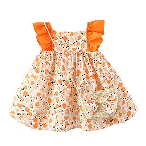 Haokaini Ropa de verano para bebé niña con cuello de muñeca floral fresa princesa Sundress Crossbody Bag, Naranja Fresa, 2-3 Años