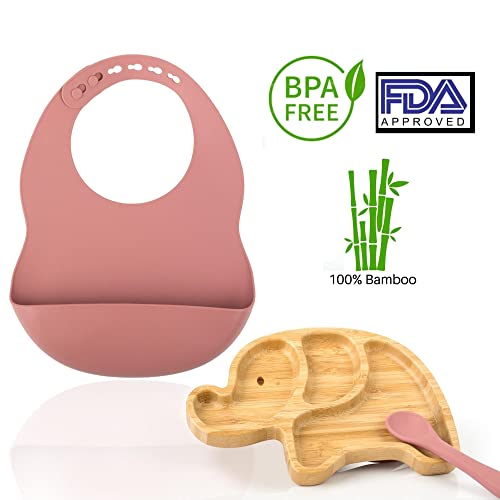 HappyDoo - Plato Ventosa Bebe con Compartimentos - Incluye Plato Bebe Bambu Natural + Babero Silicona + Cuchara Flexible - Plato Blw Forma Elefante - Libre BPA - Plato Baby Led Weaning - Rosa