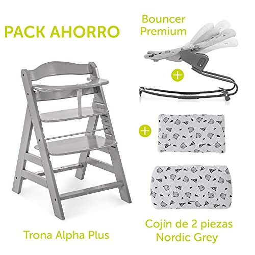 Hauck Alpha Plus Newborn Set Premium - Trona evolutiva Madera con Hamaca recién nacidos - Trona bebe con cojín de asiento en algodón - Trona convertible - Gris / Nordic Grey