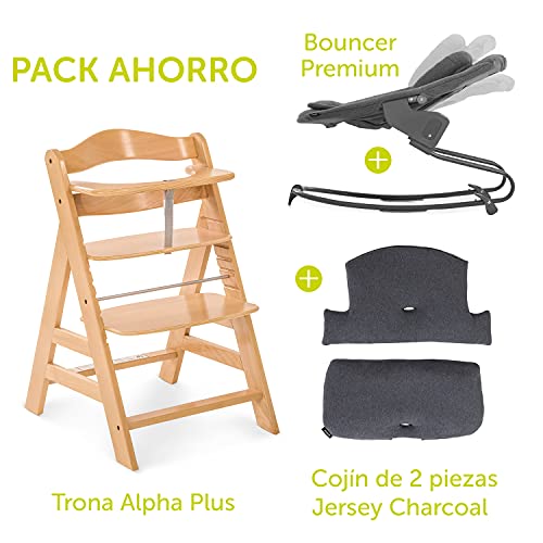 Hauck Alpha Plus Newborn Set Premium - Trona Madera evolutiva bebés con Hamaca recién nacidos y cojín de asiento en algodón - Altura regulable - gris Charcoal