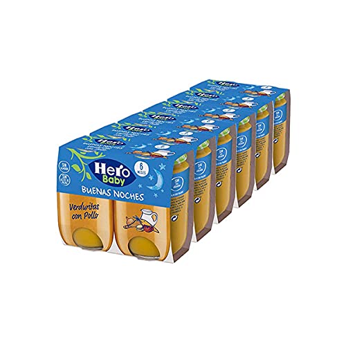 Hero Baby Buenas Noches Tarritos de Verduritas con Pollo - Para Bebés a Partir de los 6 Meses - 6 Packs de 2 x 190 gr