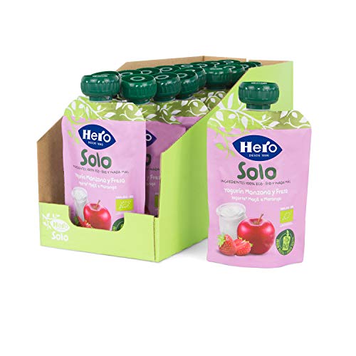 Hero Solo Bolsitas Ecológicas de Yogur, Manzana y Fresa -Para Bebés a Partir de los 12 Meses - Pack de 18 x 100 g