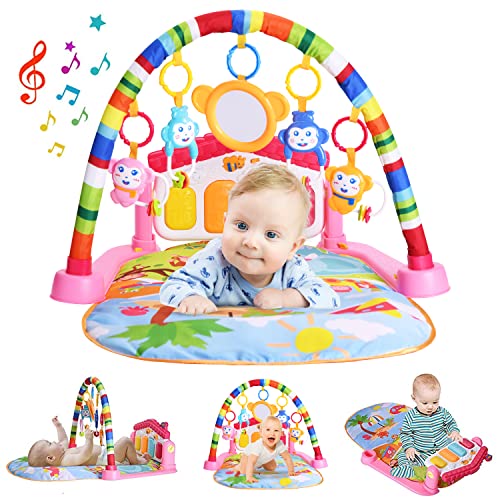 HIUME Gimnasio Bebé, Manta Actividades Bebé, Juguetes de Piano para Patear y Tocar con Música y Luces, Alfombra Sensorial para Bebés, Regalos para Niños y Niñas de 1 a 6-12-24 Meses Rosa