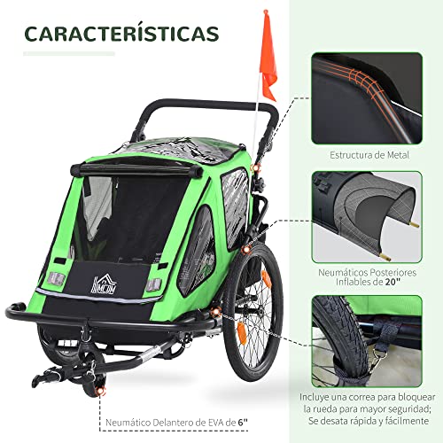 HOMCOM 2 en 1 Remolque de Bicicleta para Niños +18 Meses Plegable Cochecito de Paseo de 2 Plazas con Manillar Ajustable en Altura Bandera y Reflectores 160x83x96 cm Verde