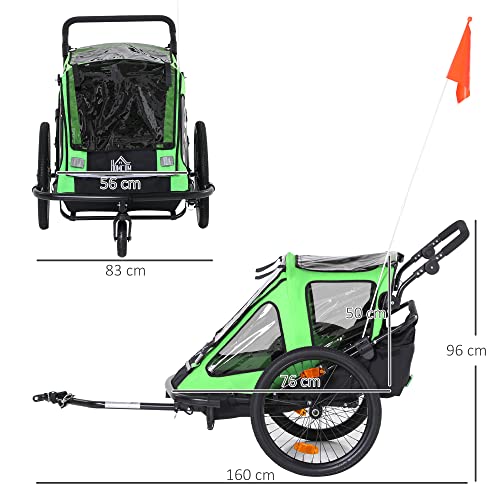 HOMCOM 2 en 1 Remolque de Bicicleta para Niños +18 Meses Plegable Cochecito de Paseo de 2 Plazas con Manillar Ajustable en Altura Bandera y Reflectores 160x83x96 cm Verde